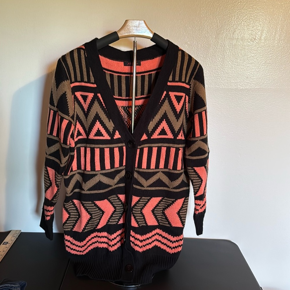 Black tan and coral cardigan Aztec